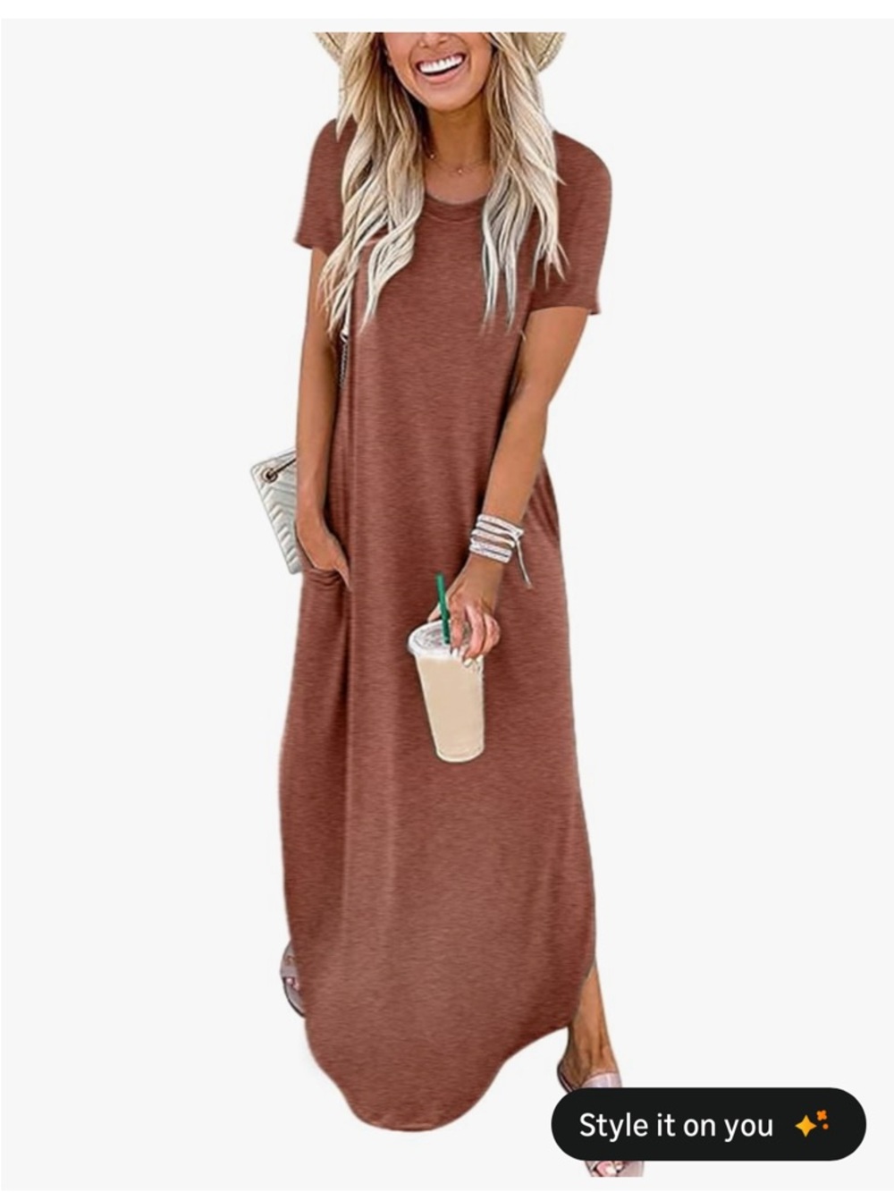 Relaxed Brown Short-Sleeve Maxi Dress with Pockets